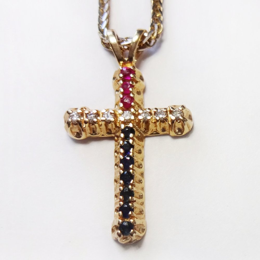 14k Solid Gold Cross Pendant with Ruby, Sapphire, and Diamonds